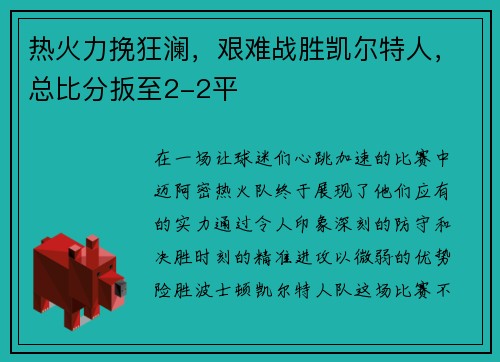 热火力挽狂澜，艰难战胜凯尔特人，总比分扳至2-2平